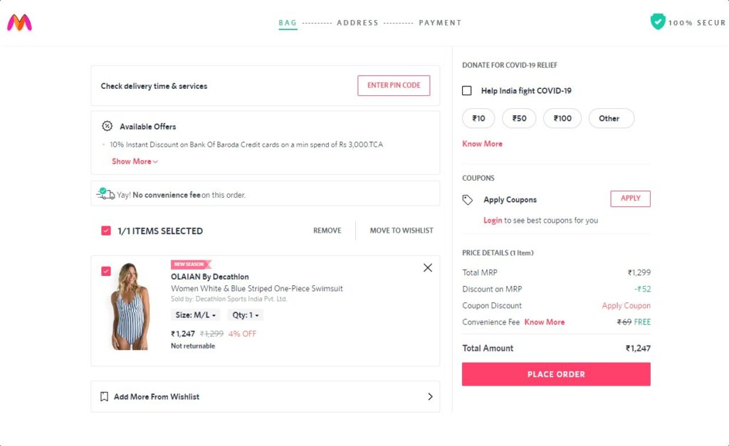 a screenshot of the shopping cart on the myntra website