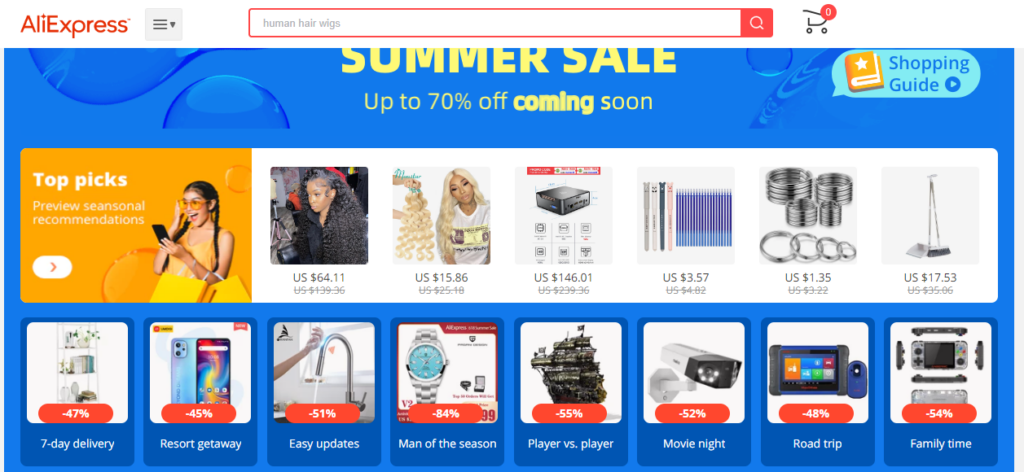 Screenshot from the main page of aliexpress